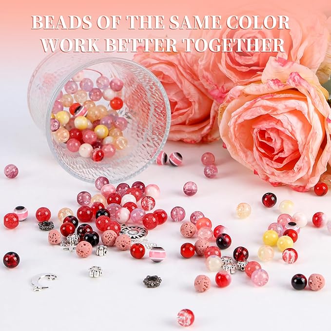 Tunmiok Glass Beads for Jewelry Making Kit with Metal Charms & Crystal String - Includes Spacers, Flower Holders - Bracelet kit, Necklace, Earring Set Supplies for Adults (Pink)