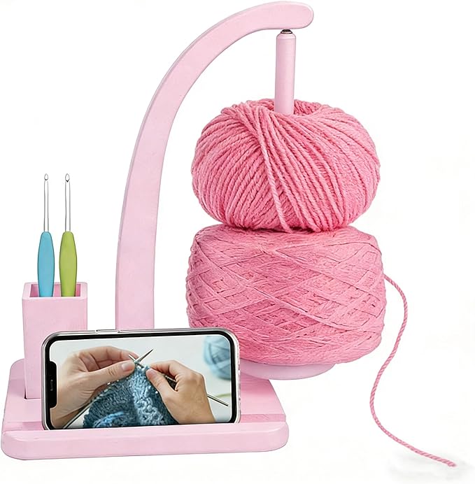 Yarn Holder for Crocheting and Knitting, Wooden Magnetic Yarn Spinner Rotating Holder with Crochet Hooks and Needles, Phone Stand and Storage Organizer (Pink)