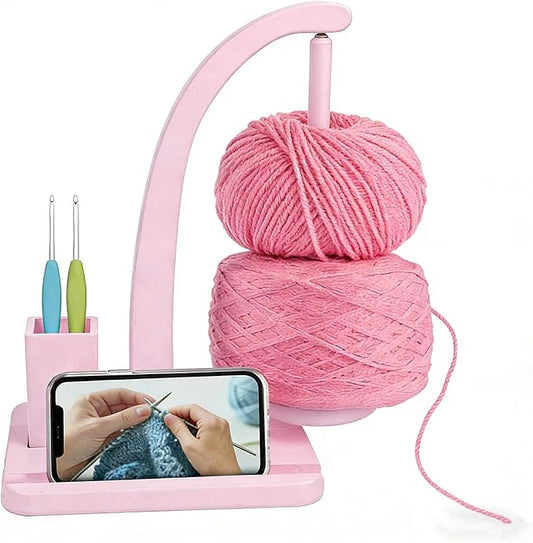 Yarn Holder for Crocheting and Knitting, Wooden Magnetic Yarn Spinner Rotating Holder with Crochet Hooks and Needles, Phone Stand and Storage Organizer (Pink)