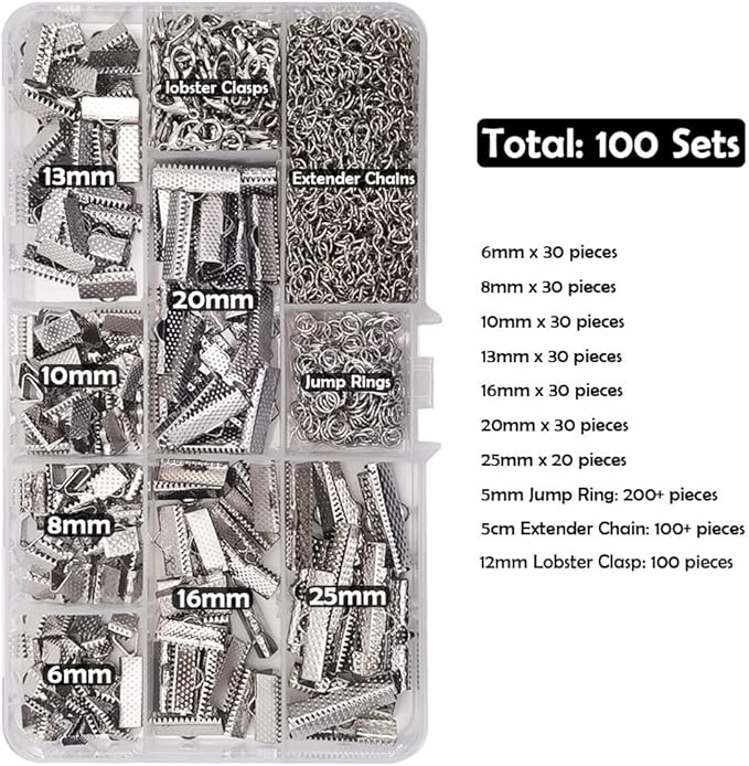 INSPIRELLE 100 Sets Assorted Size Rhodium Ends for Ribbon Bracelet Bookmark Making Crimps Kit with Lobster Clasps and Chain Extenders