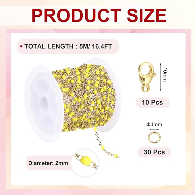 MECCANIXITY Stainless Steel Bead Chain, 16.4 Feet/5M Enamel Beaded Jewelry Link Cable Chains Spool Kit for Jewelry Making, Necklace, Bracelets, DIY Crafts (Gold/Yellow, Pack of 1)