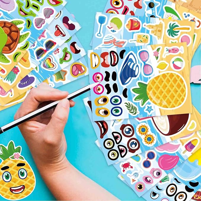 48 sheets summer stickers for kids, make a face sticker hawaii tropical pool beach sticker, make your own watermelon pineapple flamingo stickers for tropical luau party, summer holiday party favors