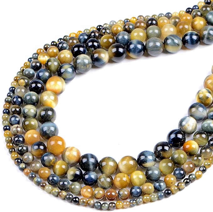 bymitel 90pcs crystal beads stone gemstone round energy healing loose beads with stretch cord for jewelry making bracelets anklets (yellow blue tiger's eye, 10mm 90pcs)