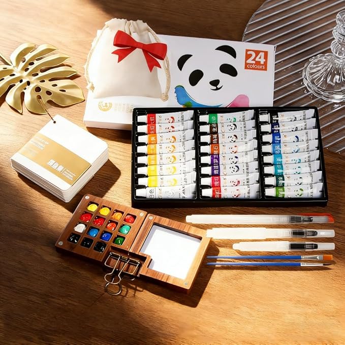 2026 New Mini Watercolor Paint Set with 24 colors and 15 Grids, Sketchbook & Pocket Travel Kit with Brushes, Copper Clips for Beginners and Artists, Walnut Wood