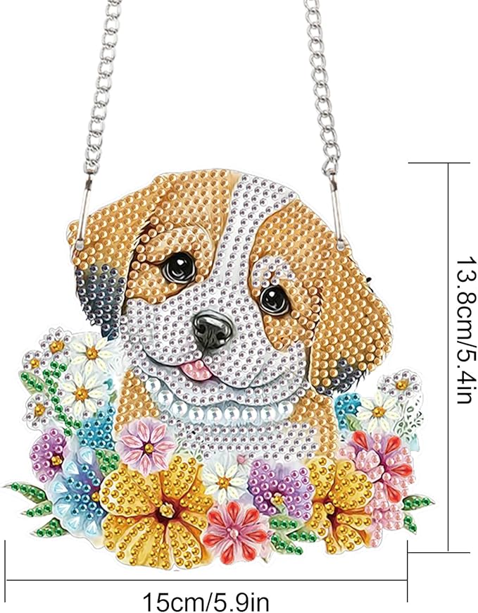 AiYuanzsh DIY Dog Diamond Art Hanging Kit, Floral Special-Shaped Acrylic Rhinestone Diamond Painting Pendant Ornament for Home, Garden, or Wall Decor Gift