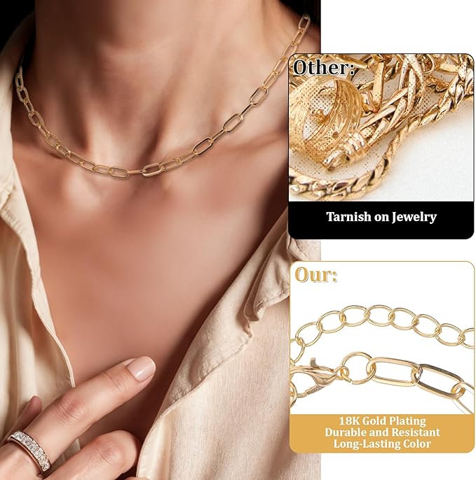 Oqqlin 32 Pcs Charm Necklace Bracelets Kit, Gold Silver Paperclip Chains Zinc Alloy 18 Inch Necklace 6.5 Inch Bracelet with Lobster Clasp for DIY Jewelry Making, Gifts