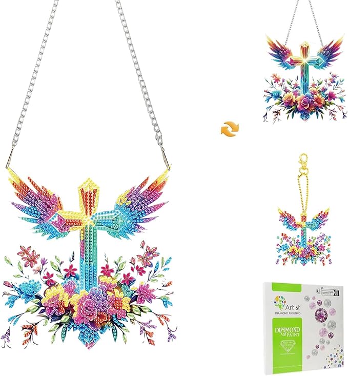 Masendp Easter Diamond Painting Hanging Decoration Kit, DIY Cross Special-Shaped Rhinestone Window Hanging Kit, Suitable for Home and Garden Wall Decoration Gifts