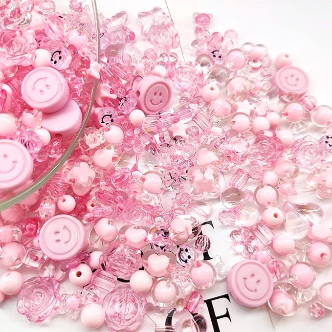465Pcs Pink Series Acrylic Assorted Beads Flower Heart Star Smile Butterfly Mickey Candy Beads Pastel Beads Plastic Beads Cute Bead Round Beads Bulk for Bracelets Jewelry Making Necklaces DIY Crafts
