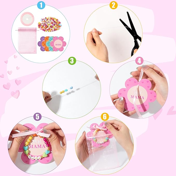 BeYumi Mom Bracelet Craft Kit - 24 Pack Mother's Day Mama Letter Heart Beads Bracelets with Flower Gift Cards and Bags DIY Thankful Craft Kit to Mothers School Classroom Family Party Fun Activities