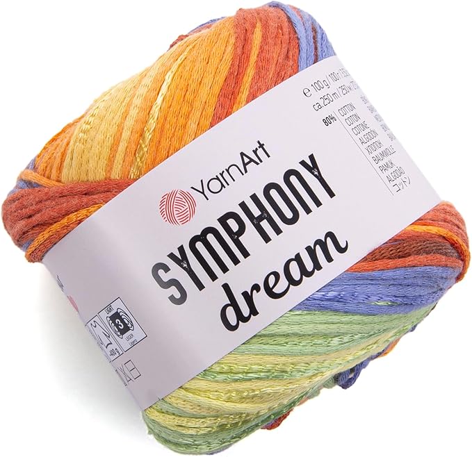 YarnArt Symphony Dream Cotton Yarn -%80 Cotton%20 Viscose Rainbow Multicolor Crochet Knitting Yarn - Suitable for All Blouses, Dresses, Shawls, Bags, Hats - 273 Yards, 3.52 Oz (1 Skein) (3103)