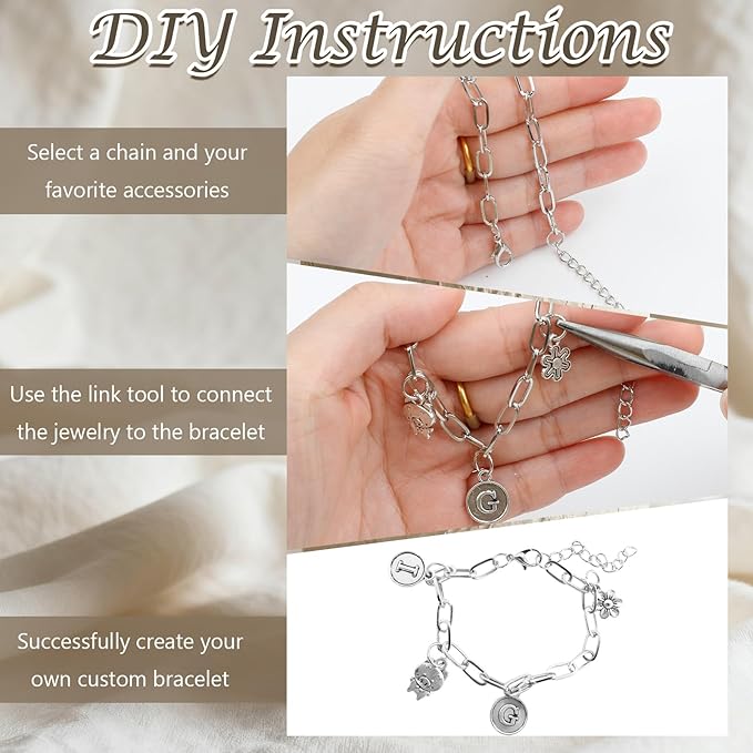 20 Pcs 18K Silver Plated Necklace Bracelet Chain Kit, Paperclip Alloy Link Fit Clip on Charm, Charm Bracelet Necklace Kit for Women DIY Jewelry Making (Silver)