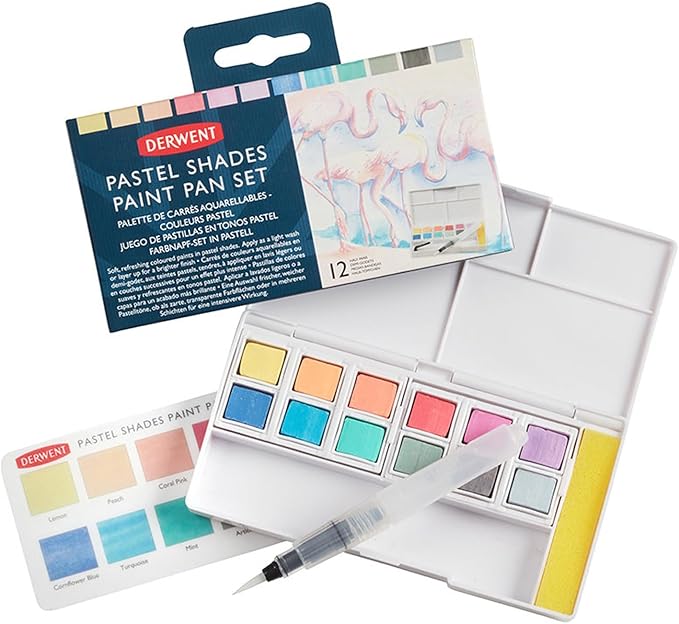 Derwent Pastel Shades Paint Set, Professional Quality Long Lasting Colors, Highly Pigmented Palette, Portable, Travel Set Includes 12 Paint Pans, Mini Waterbrush, Mixing Palettes, Sponge