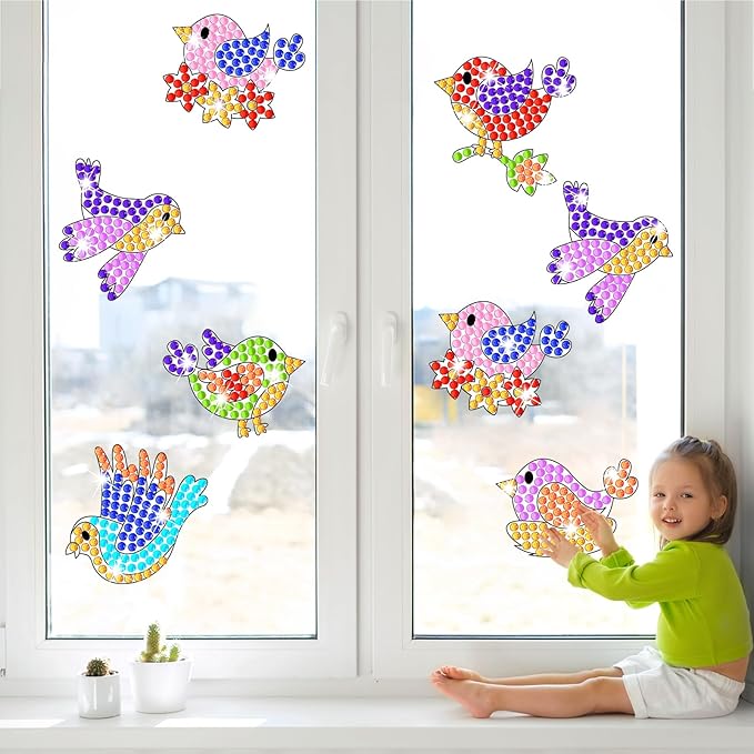 Qyeahkj 6 Pcs Spring Bird Arts Crafts DIY Summer Gem Diamond Suncatcher Crafts for Kids Spring Diamond Painting Gifts Exchange for Kids Aged 4 6 8 10 12 for Home School Party Decor