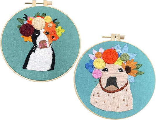 2 Pack Embroidery Kit for Beginners, Dog and Floral Patterns, Learn Different Stitches with Hand Embroidery Kit, 7.8' Hoop, Colored Threads and Needles, Gift for Adults Teens and Dog Lovers