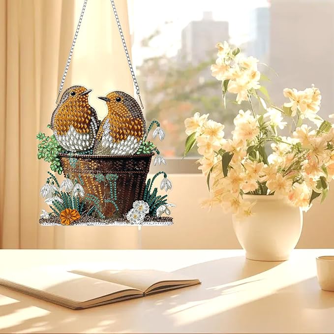 AIRDEA Hanging Diamond Painting Kits Birds,Special Shaped Diamond Art Kits for Beginner Animals and Flowers Gem Art Pendant Decor,7.87x7.71in