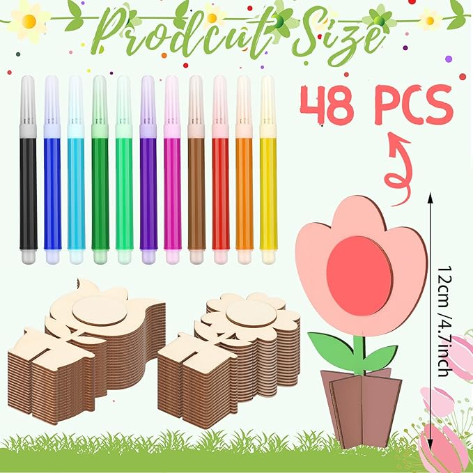 MotiMind 60 Pcs Spring Crafts Set 48 Pcs 3D Wooden Flower Cutouts Unfinished Tulip Slices Wood Daisy to Paint with 12 Colored Pens for Mother's Day Summer Floral Handmade Craft DIY Project