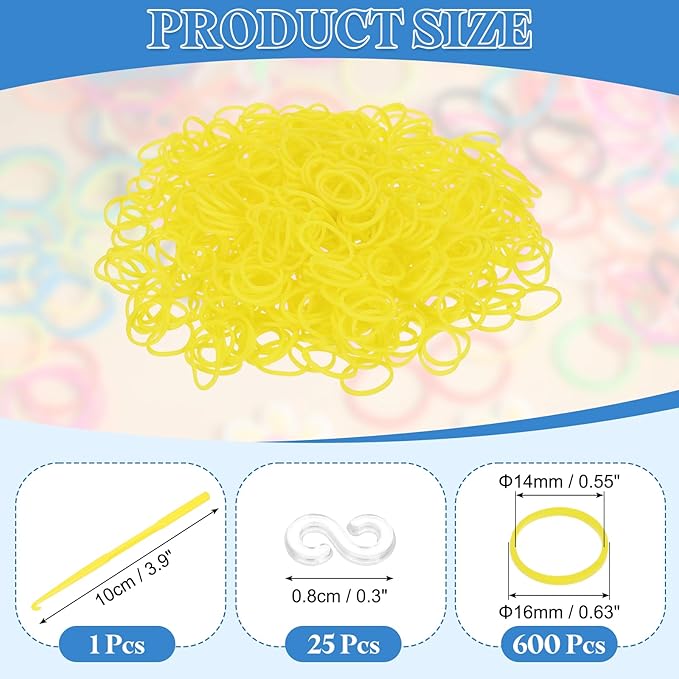uxcell 600Pcs Loom Rubber Band, Bracelet Making Refill Kit Elastic Loom Band with 25Pcs S-Clips and 1Pcs Crochet Hooks for Weaving DIY Handcrafts, Yellow