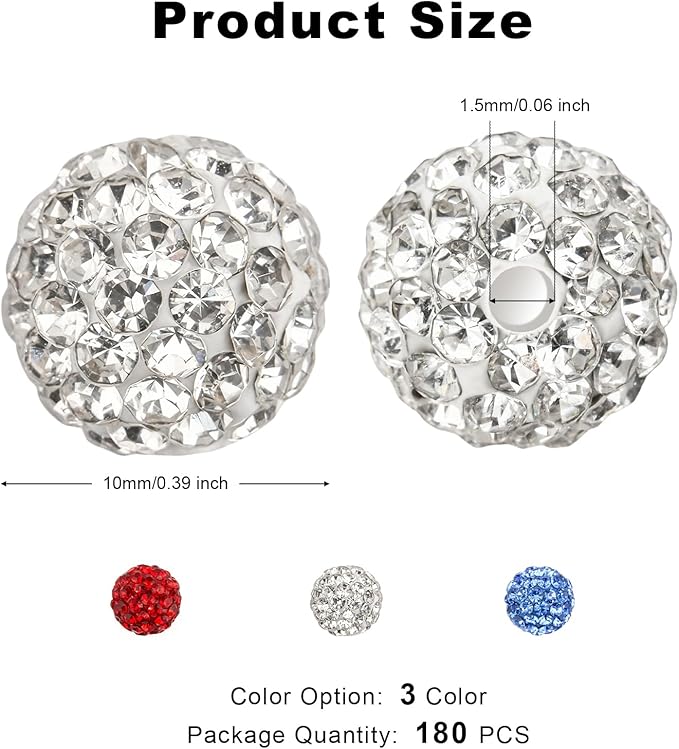 256Pcs 10mm Rhinestone Beads Kit for Baseball Necklaces, 3 Colors Round Disco Ball Beads Set with Cross Charms and Accessories for Bracelets Earrings Jewelry Making DIY Decoration