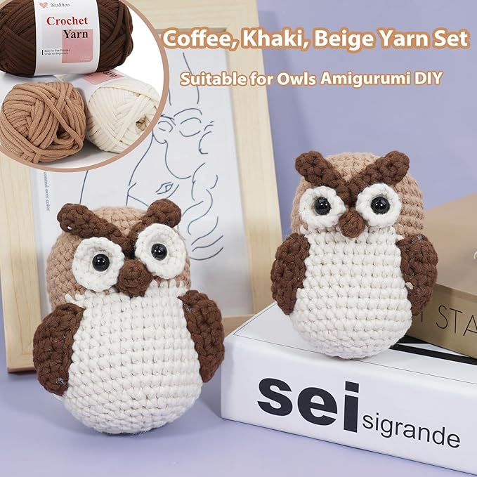 Easy Crochet Yarn for Beginners, 3 Pack × 1.8 oz Beginner Yarn for Crocheting & Knitting Thick and Soft, Owl Amigurumi Crochet Kit with Video Tutorials, Easy-to-See Stitches, Worsted Medium # 4