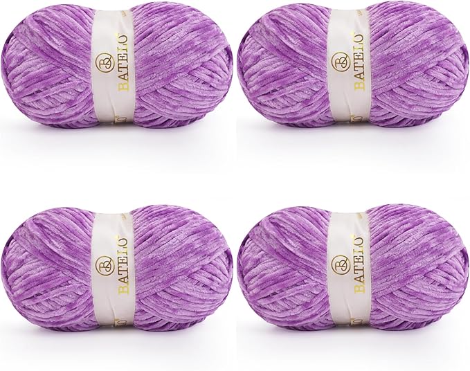 Velvet Chenille Yarn for Crocheting & Knitting 1440 Yards, Soft Thick Fluffy Bulky Blanket Yarn, 4 Pack of 10.5oz (Purple)