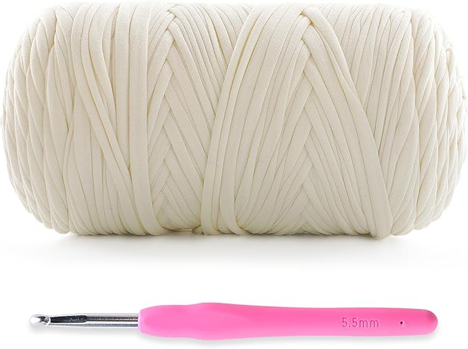 Soft T-Shirt Yarn for Crochet, T Shirt Yarns for Crocheting Crafts, Bags, Basket, Coaster, Tshirt Yarns - 400 g/130 yds with 1 Crochet Hook (1, Milk White)