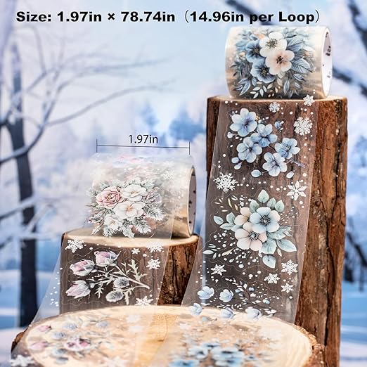 6-Roll Winter Floral PET Tape Set, Pre-Cut Transparent Waterproof Flower Sticker Rolls for Scrapbooking, Journals, Planners, DIY Crafts, Cards and Gift Wrapping