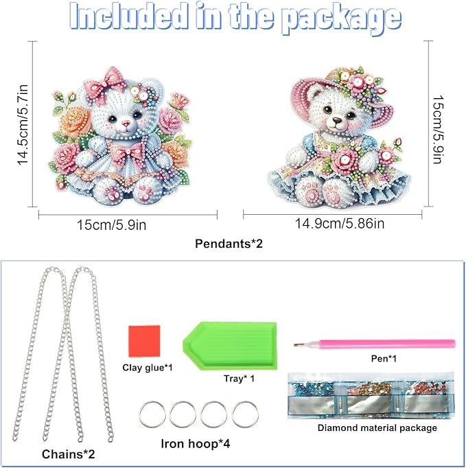 2 Pcs Diamond Painting Hanging Ornaments – Cute Teddy Bear Doll Design with Floral Patterns, DIY Acrylic Craft Kit for Home Decoration, Gifts & Crafts