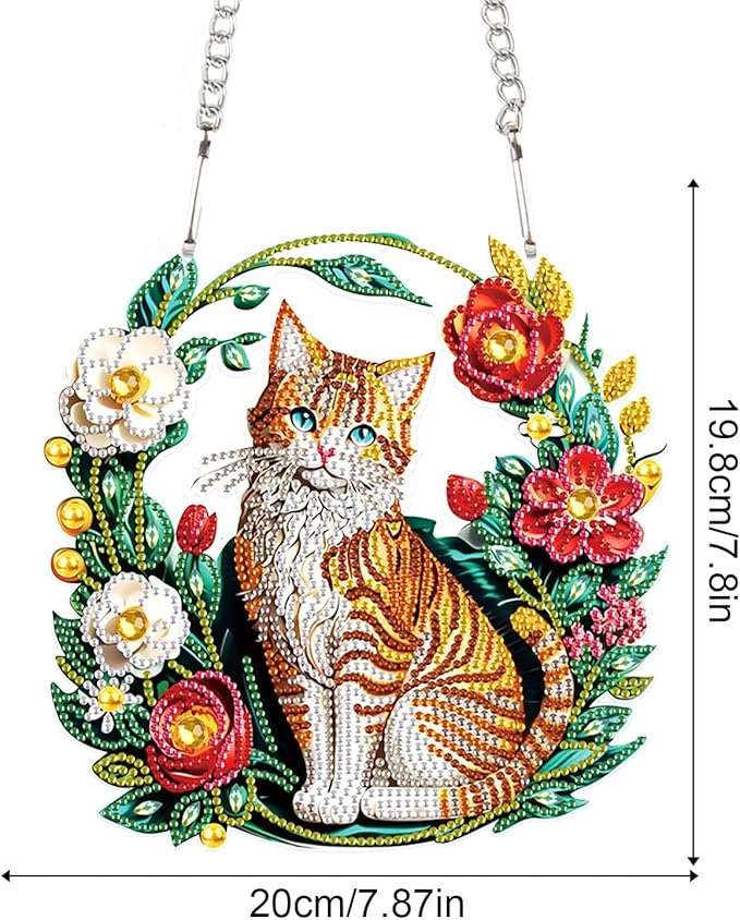 Flower Birdcage Design DIY Diamond Art Painting Wreath Kits Special Shaped Rhinestone Diamond Art Window Pendants Home Garden Wall Hanging Kits (Single Side Point Drill) (#11-Cat) (#11-Cat)