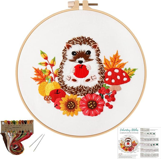 Louise Maelys Animal Embroidery Kits for Beginners with Autumn Hedgehog Pattern,Adults Starter Cross Stitch Kit DIY Needlepoint