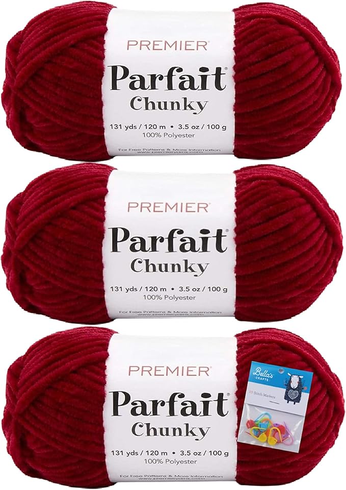 Premier Yarns Parfait Chunky Chenille Yarn 3.5 Oz 6 Super Bulky Weight 3 Pack Bundle with Bella's Stitch Place Holders (Ruby)