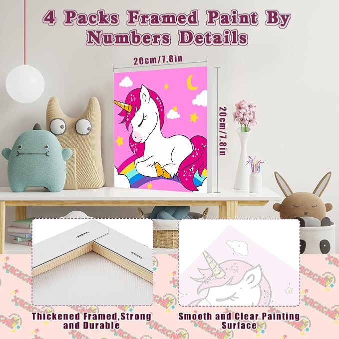 4 Pack Cartoon Paint by Number for Kids with Wooden Frame, Cartoon Paint by Numbers for Kids Ages 4-8-12, Easy Painting with Numbers DIY Acrylic Oil Painting Kits for Home Wall Decor (8X8 inch)
