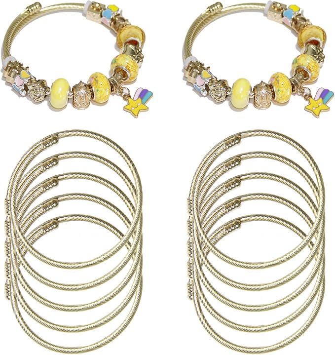 Exway 10 Pcs Elastic charm Bracelet chain Stainless Steel Cable Wire Twisted Cuff Bangle Bracelet Gold charm Bracelets Kit for Crafts DIY Women Jewelry Making
