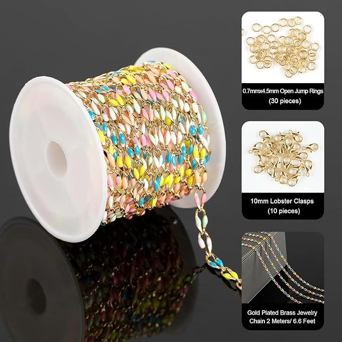 Mixed Color Enamel Cable Rolo Chains Bulk Oil Drip Rainbow Necklace Bracelet DIY Jewelry Making Supplies Gold Plated Brass Chain Roll