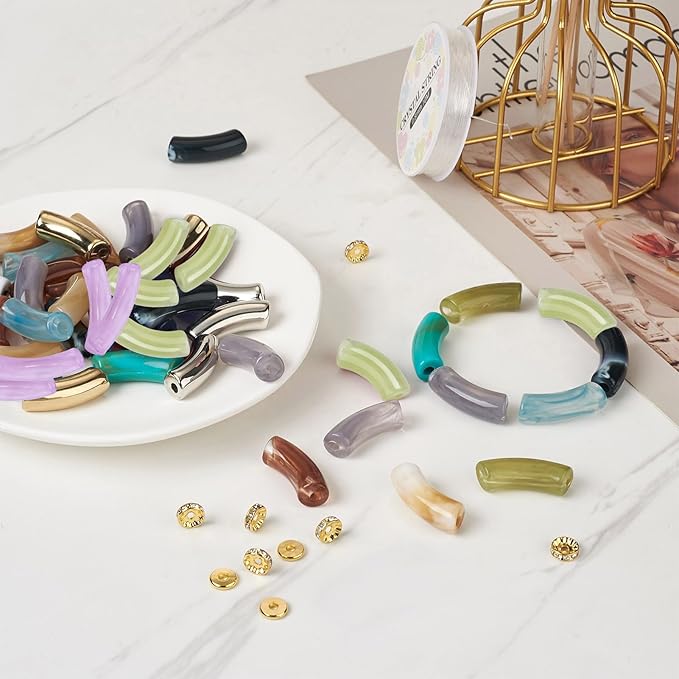 60Pcs Chunky Tube Beads with Rondelle Brass Rhinestone Spacer Beads & Elastic Thread & Plastic Tube Beads, Imitation Gemstone Curved Acrylic Tube Beads for Bamboo Bangles Bracelet Jewelry Making