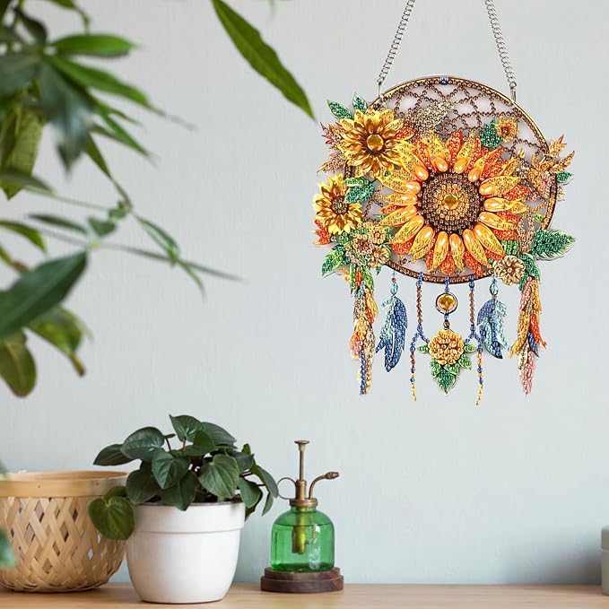 Sunflower Diamond Painting Hanging Ornament, Dream Catcher 5D Special Shape Diamond Art, Crafts for Adults DIY Gem Art, Acrylic Home Garden Window Wall Decor with Chain, Box Kit, 6.2×7.8in
