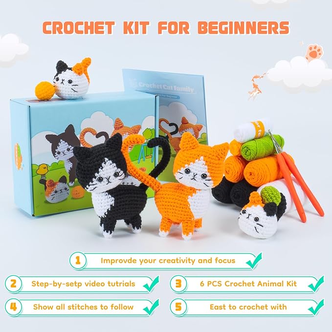 Valentine's Day Gift Cat Crochet Kit for Beginners-Crochet Kits 4PCS Cats Family Crochet Animals Kits with Step-by-Step Video Tutorials, Crochet Starter Kit Learn to Crochet Kits for Adults
