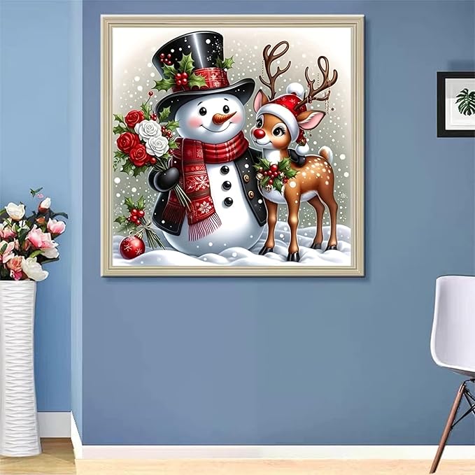 Christmas 5D Diamond Art Kits for Adult, Xmas Snowman Deer Diamond Painting Kits for Beginners, DIY Full Drill Winter Holiday Rhinestone Diamond Dots Gem Painting Art Craft Home Decor 12 x12 Inch