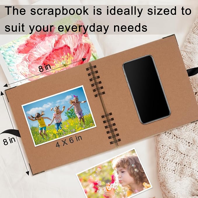 Scrapbook Album, 8 x 8 Inch Scrap book, 60 Brown Blank Pages Scrapbooks, Hardcover Photo Album Scrapbook, Kraft Paper Memory Book, Traveling, Birthday & Holiday Gifts.