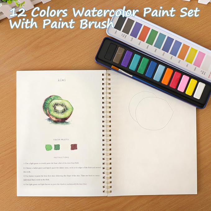Watercolor Workbook, Water Coloring Book, 12 Different Patterns of Original DIY Designs, 12 Colors Watercolor Paint Set with Palette and Brush, Beginner-Friendly Watercolor Workbooks（Fruits）