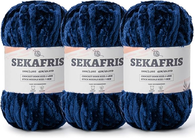 Fuzzy Chunky Chenille Yarn for Crocheting，Soft Plush Yarns for Hand Knitting，Bulky 3x100 g（3X49.2 yd） Baby Blanket Yarn for Crocheting Amigurumi，Crochet Fluffy Velvet Yarns (3 Navy Blue)
