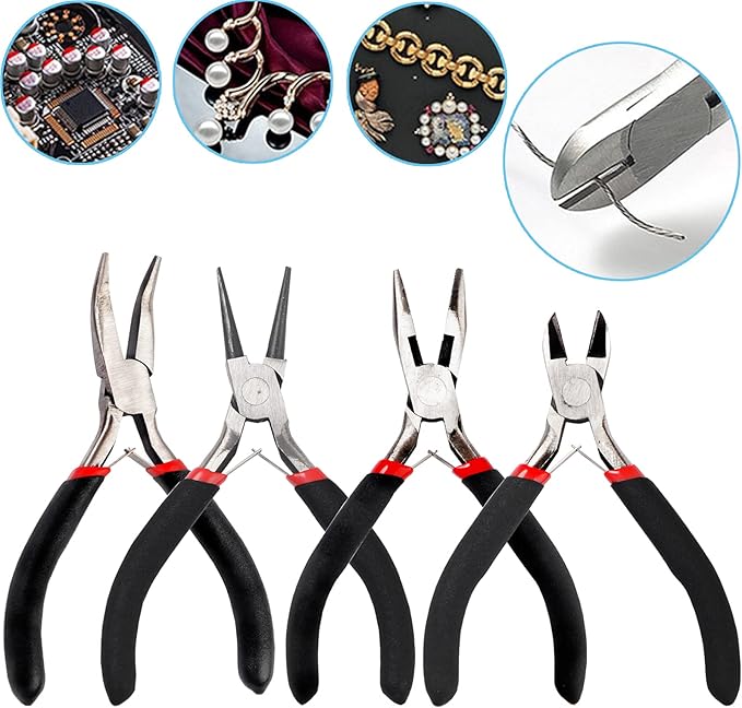 4Pcs Jewelry Pliers Set Jewelry Making Pliers Tools Kit Include Jewelry Making Needle Nose Chain Nose Round Bent Pliers Wire Cutter for Bracelet Beading Craft Jewelry Making Supplies (Black)
