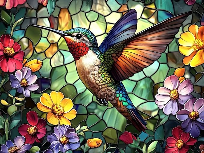 Hummingbird Diamond Art Paintings Flowers 5D Diamond Painting Kits for Adults Beginners DIY Stained Glass Diamond Art Kits Full Drill Gem Art Crafts for Adults Bird Wall Art Decor Gift 16x12 Inch