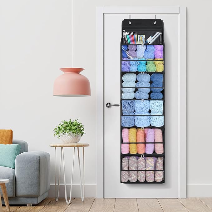 KEEGH Hanging Yarn Storage Organizer with 6 Zipper Closure Compartments, Large Capacity Crochet Storage Organizer, Over the Door Yarn Holder for Knitting Needles, Crochet Hooks, Clear Black