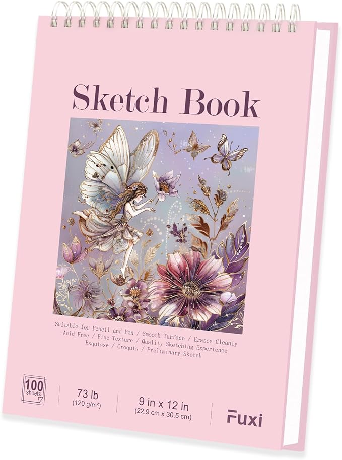 cute sketchbook pink, 9"x12" sketch book for teen girls, 100 sheets girl sketchbook 73lb/120gsm drawing paper for kids, art supplies for teens 14-16 girls.