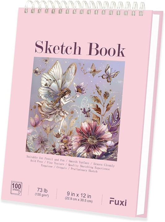 cute sketchbook pink, 9"x12" sketch book for teen girls, 100 sheets girl sketchbook 73lb/120gsm drawing paper for kids, art supplies for teens 14-16 girls.