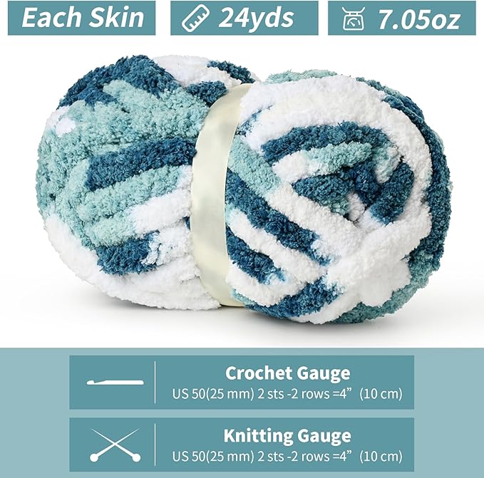 10 Pack Jumbo Chunky Yarn for Hand Knitting, Fluffy Chunky Chenille Yarn for Crocheting, Variegated Chunky Knit Baby Blanket Yarn, 240 yds /70.5 oz Super Bulky Yarn(Fresh Blue)
