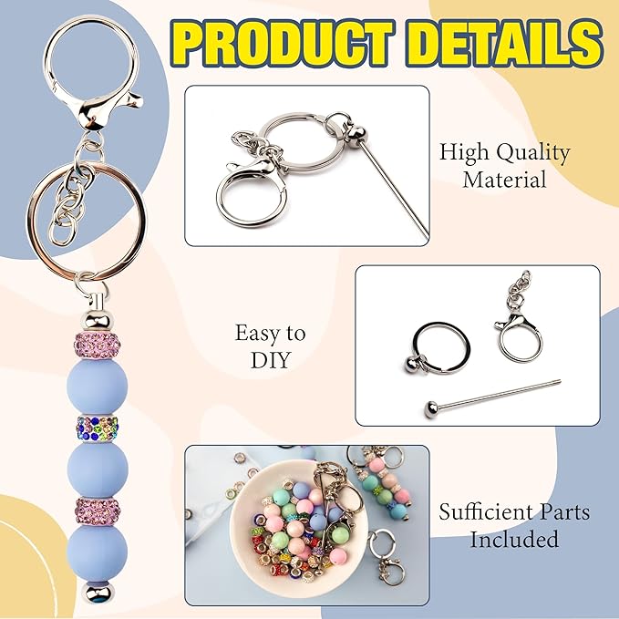 160pcs Beadable Keychains Set Bulk for Keychain Making Kit with Beadable Keychain Bar Silicone Beads Spacer Beads Gifts for Women Men DIY Crafts