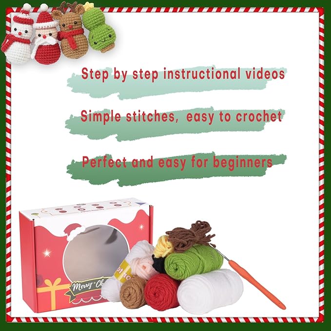 4-in-1 Christmas Crochet Kit | Make Snowman, Santa, Reindeer & Tree | DIY Holiday Ornaments & Festive Decor | Beginner Friendly Gift Set with Video Tutorial