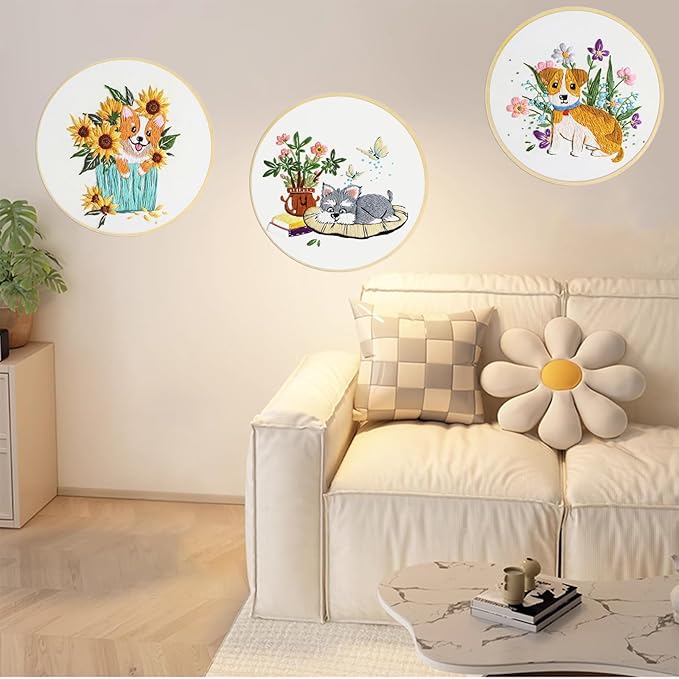 COCOMOX 3 Sets Embroidery Kit for Beginners, Dog Flower Pattern Embroidery Practice Kits for Adults, Hand Embroidery Kit, Easy to Follow Instruction and Video
