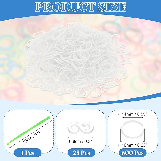 uxcell 600Pcs Loom Rubber Band, Bracelet Making Refill Kit Elastic Loom Band with 25Pcs S-Clips and 1Pcs Crochet Hooks for Weaving DIY Handcrafts, White